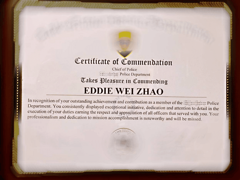Certificate of Commendation — Token Pioneer in Community Policing presented to Eddie Wei Zhao